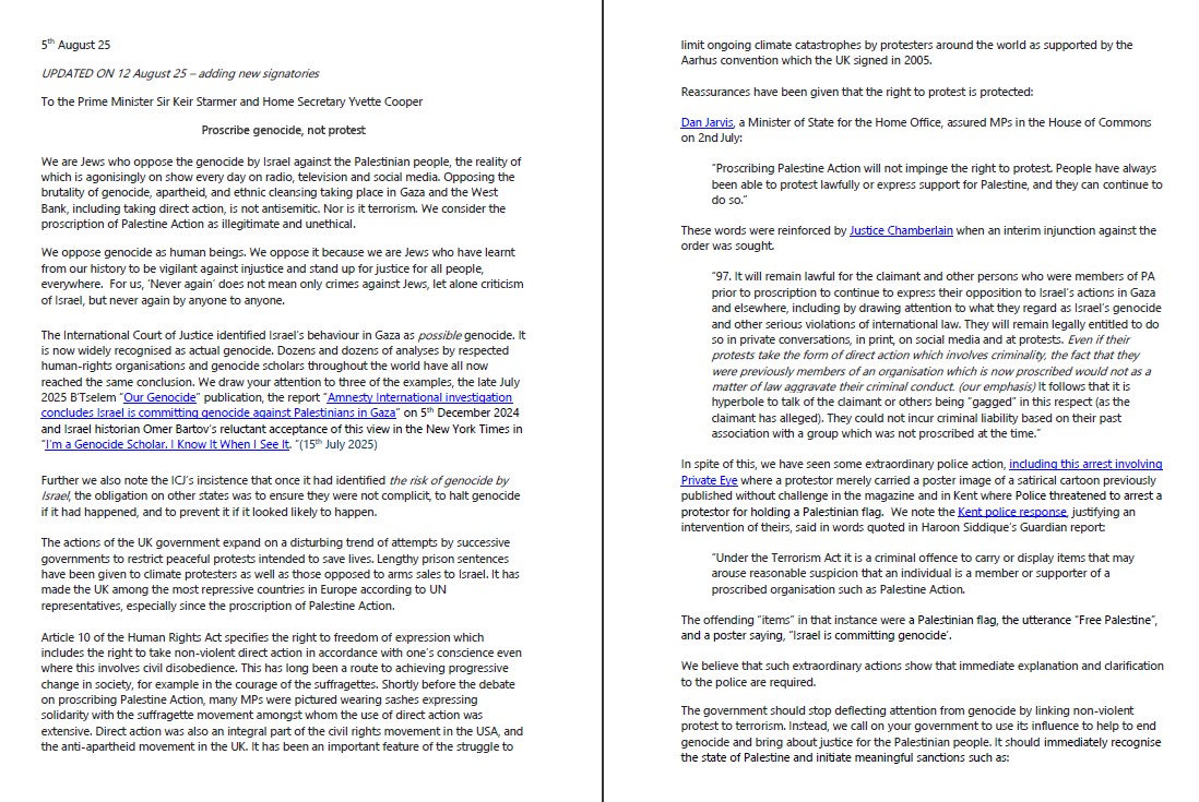 JewishVoiceForLabour (@jvoicelabour) on Twitter photo No reply to Jenny Mansonās letter <a href="/Keir_Starmer/">Keir Starmer</a> and <a href="/YvetteCooperMP/">Yvette Cooper</a>
On 5 August Jenny Manson posted a letter signed by over 200 Jews to Keir Starmer and Yvette Cooper. The letter calls for an end to Britainās collaboration in Israelās genocide. Manson also condemned Starmerās use No reply to Jenny Mansonās letter <a href="/Keir_Starmer/">Keir Starmer</a> and <a href="/YvetteCooperMP/">Yvette Cooper</a>
On 5 August Jenny Manson posted a letter signed by over 200 Jews to Keir Starmer and Yvette Cooper. The letter calls for an end to Britainās collaboration in Israelās genocide. Manson also condemned Starmerās use