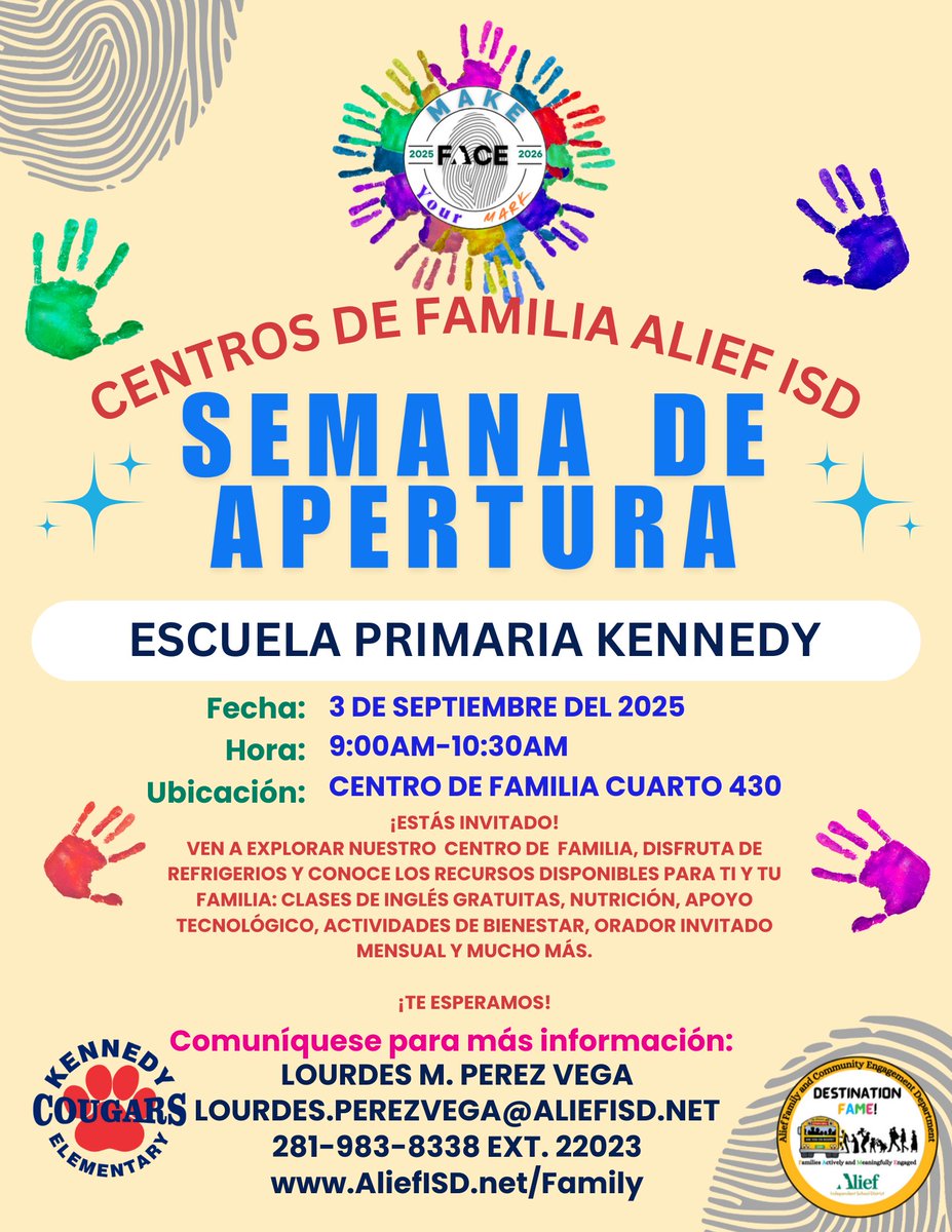KennedyCougs's tweet photo. πFamilies are invited to join us for the opening week of our new Family Center - a place to learn, play & grow together.π‘π#beeexcellent #CougarPride #WeAreAlief @Alief_Fame @AliefISD https://t.co/oq4JPlZLNk