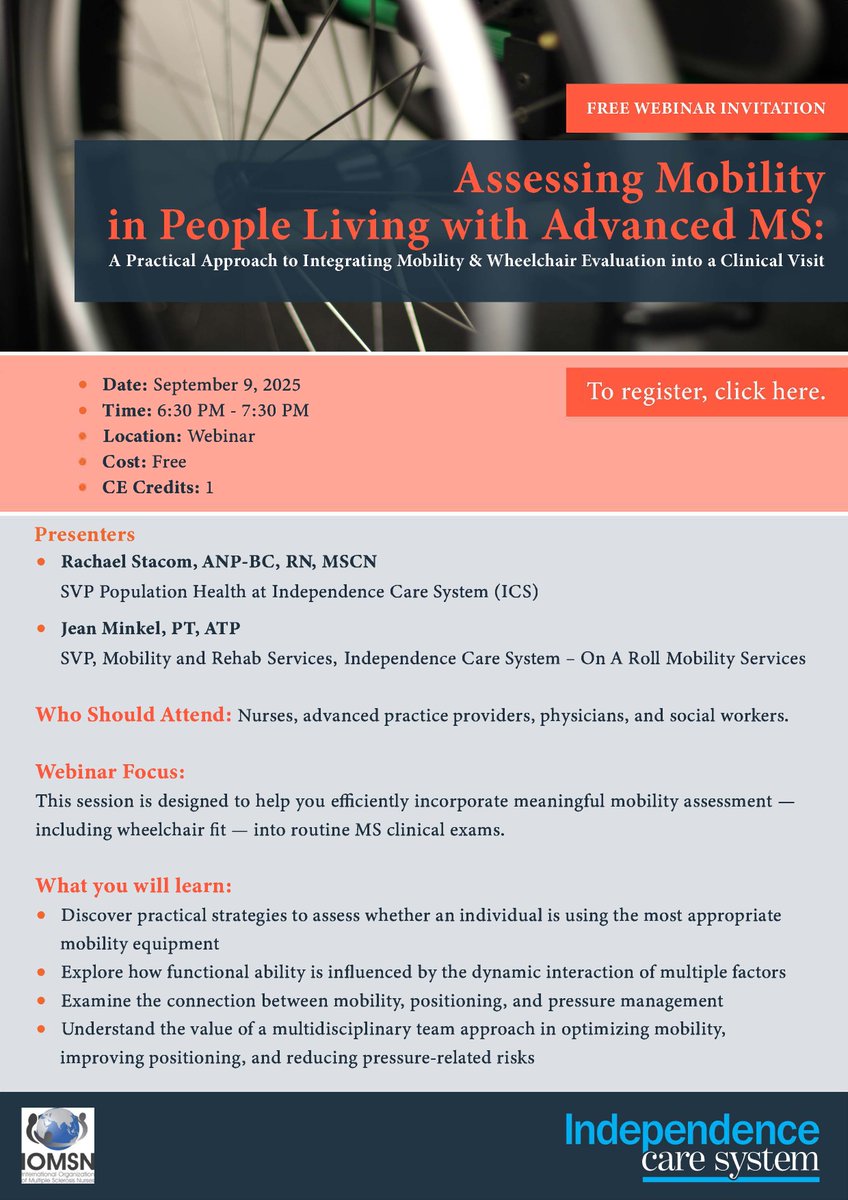 We’re excited to invite you to our upcoming free webinar:
Assessing Mobility in People Living with Advanced MS

docs.google.com/forms/d/e/1FAI…

This event is supported by an IOMSN Nightingale Award funded by EMD Serono.
#msnursesmakehopehappen
#caughtyoucaringiomsn
#MSCommunity