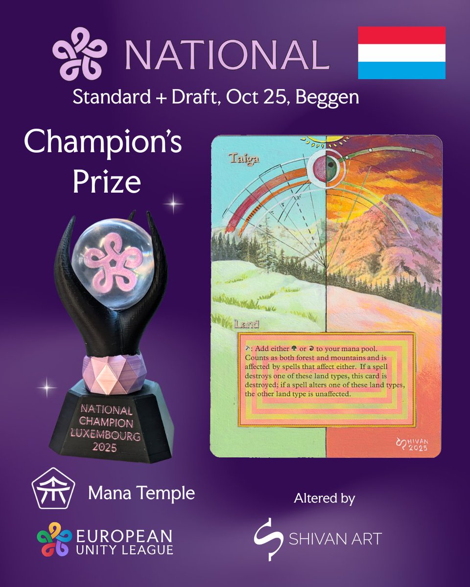 European Unity League (@unityleaguemtg) on Twitter photo 🇱🇺 EUL National Champion’s prize 🏆
A Revised Taiga🃏 altered by <a href="/ShivanArt/">ShivanArt🔜TBA👀</a> 🎨 and a custom trophy 🖤
📅 25.10
📍 Beggen <a href="/manatemplelux/">Mana Temple</a> 🔗unityleague.gg/events/12313/ 🇱🇺 EUL National Champion’s prize 🏆
A Revised Taiga🃏 altered by <a href="/ShivanArt/">ShivanArt🔜TBA👀</a> 🎨 and a custom trophy 🖤
📅 25.10
📍 Beggen <a href="/manatemplelux/">Mana Temple</a> 🔗unityleague.gg/events/12313/