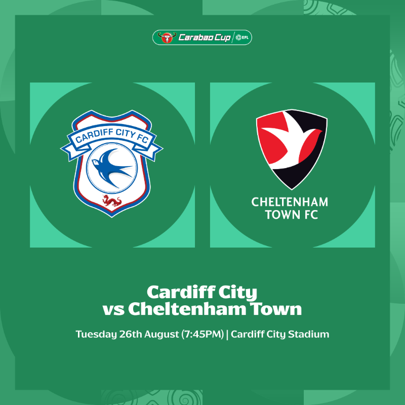 CTFCofficial's tweet photo. A date to save for the diary 🗓️

Our @Carabao_Cup Round Two tie away at @CardiffCityFC will take on Tuesday 26th August at 7:45PM!

#ctfc♦️