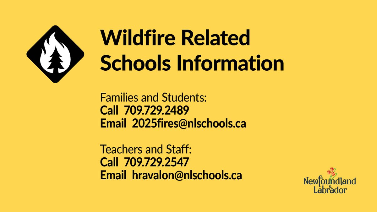 EDU_GovNL's tweet photo. #GovNL will work with all displaced K-12 students and staff to ensure everyone is welcomed in schools for the upcoming year. For information please contact:

➡️Families &amp; students: 709-729-2489 or 2025fires@nlschools.ca

➡️Teachers &amp; staff: 709-729-2547 or hravalon@nlschools.ca https://t.co/0KgsXAKG8L