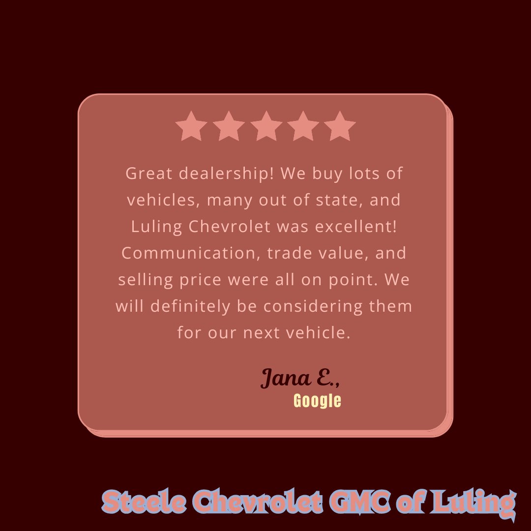 LulingChevrolet's tweet image. Jana, thank you for sharing your experience with us! We work hard to make sure our guests have an awesome experience. If you have any more questions or need assistance in the future, please don't hesitate to reach out.