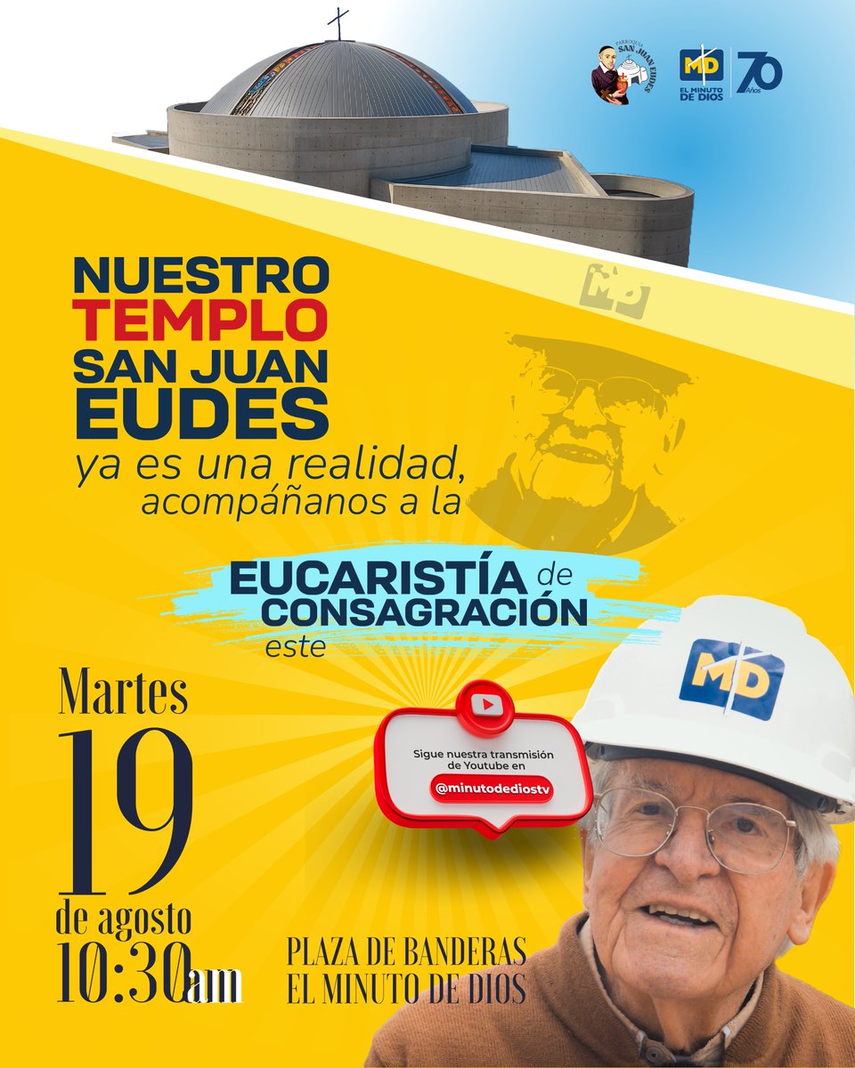 #FelizViernesATodos |  La comunidad del Minuto de Dios celebra la consagración de su nuevo templo.
Este martes 19 de agosto, 10:30 a.m., Plaza de Banderas.
Acompáñanos presencialmente o conéctate a la transmisión en 📷 youtube.com/live/05rjp2CrG…
#TemploSanJuanEudes #MinutoDeDios