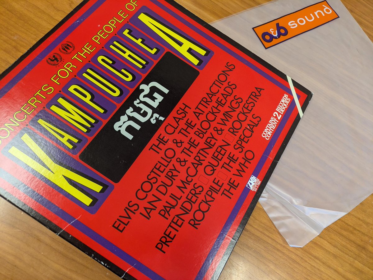 Happy with$4, two record concert for Cambodia. Has McCartney, Clash, Elvis Costello, Queen. The cherry on top: A&amp;B sound record sleeves and tags, a bit of Western Canada history.