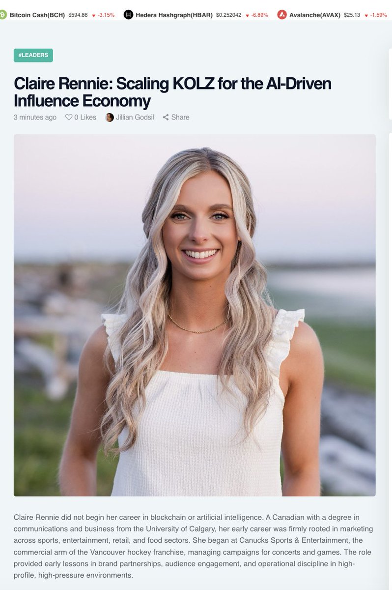 KOLZ (@chatkolz) on Twitter photo From sports marketing to scaling AI Agents in Web3 🚀
Our CEO, <a href="/ClaireJRennie/">Claire Rennie</a>, sat down with <a href="/jilliangodsil/">Jillian Godsil</a> from <a href="/blockleaders/">blockleaders</a> to talk about her journey and the future of KOLZ.
Read here: blockleaders.io/claire-rennie-… From sports marketing to scaling AI Agents in Web3 🚀
Our CEO, <a href="/ClaireJRennie/">Claire Rennie</a>, sat down with <a href="/jilliangodsil/">Jillian Godsil</a> from <a href="/blockleaders/">blockleaders</a> to talk about her journey and the future of KOLZ.
Read here: blockleaders.io/claire-rennie-…