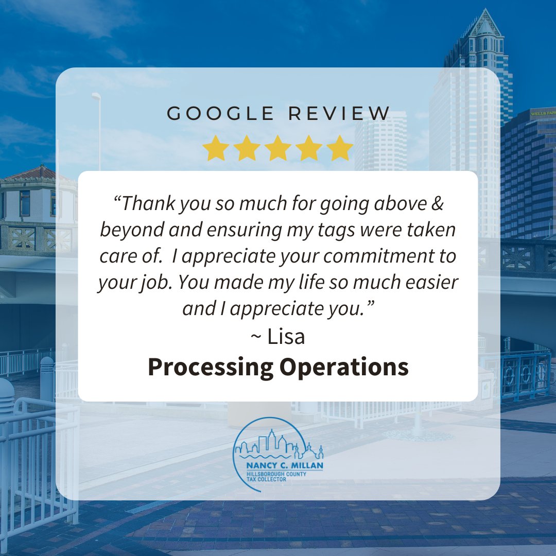 ⭐️Feedback Friday⭐️
Thanks Lisa! Our team loves going above and beyond for your tag needs - that's what #TeamHCTC delivers daily!

Need vehicle registration or renewals? Visit hillstaxfl.gov to schedule, access services, or find locations. We're here to serve! 🚗
