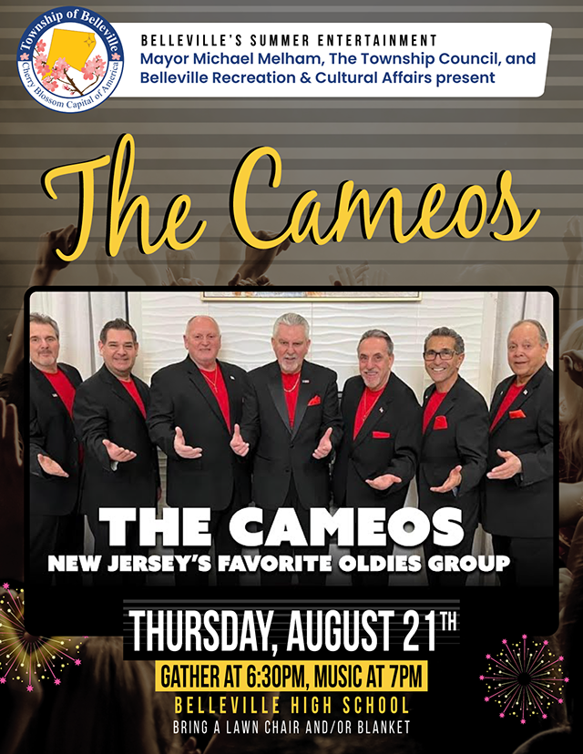 Cameos are back, Belleville! Your favorite oldies are hitting the stage on Thur, Aug 21, at Belleville High School, and we can’t wait to see you singing along. Gather at 6:30pm - music starts at 7pm.  Grab your chairs, blankets, crew, and let’s make it a night to remember!