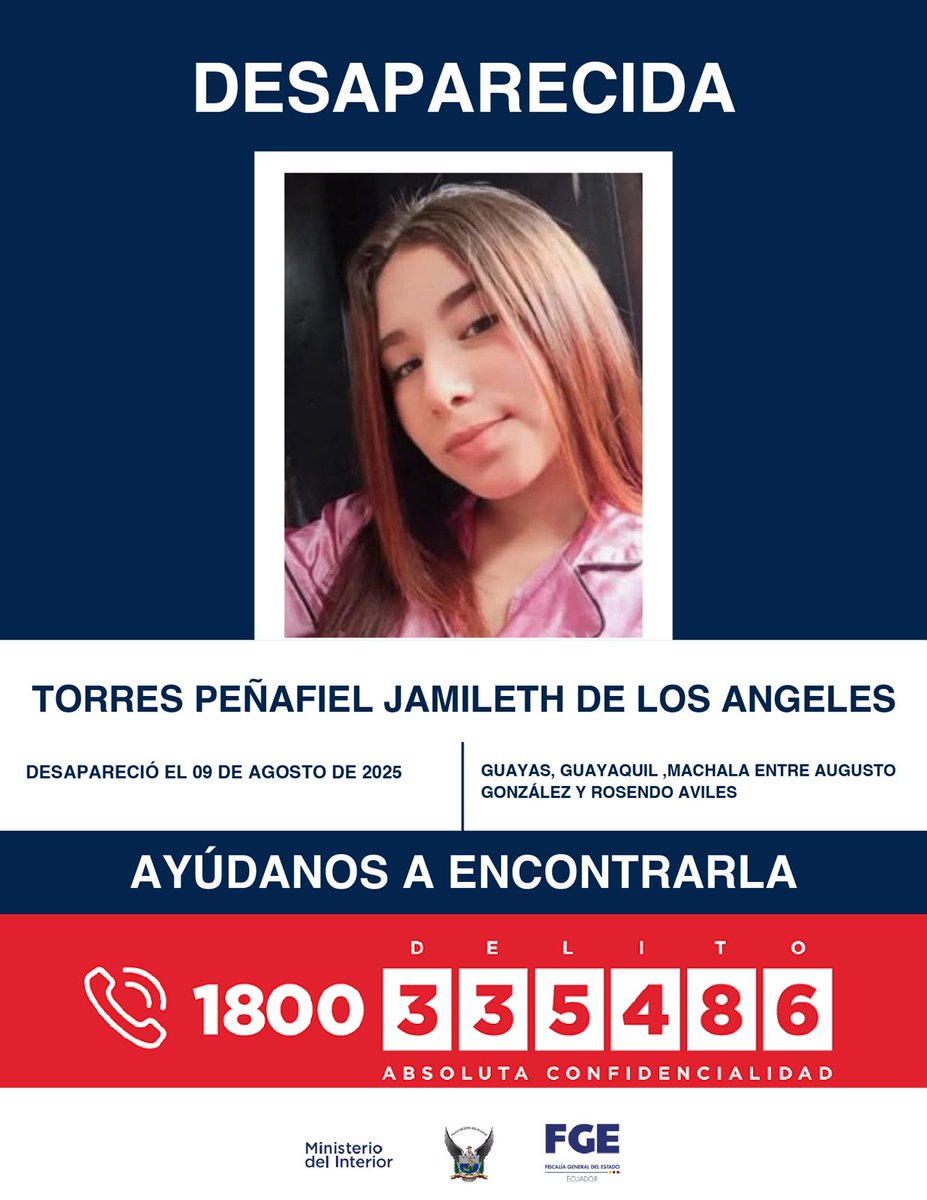 #DesaparecidosEcuador | #Guayas: si tienes información sobre la ubicación de Jamileth de los Ángeles Torres Peñafiel, comunícate de inmediato con las autoridades. Fue vista por última vez el 9 de agosto de 2025, en el sur de #Guayaquil.