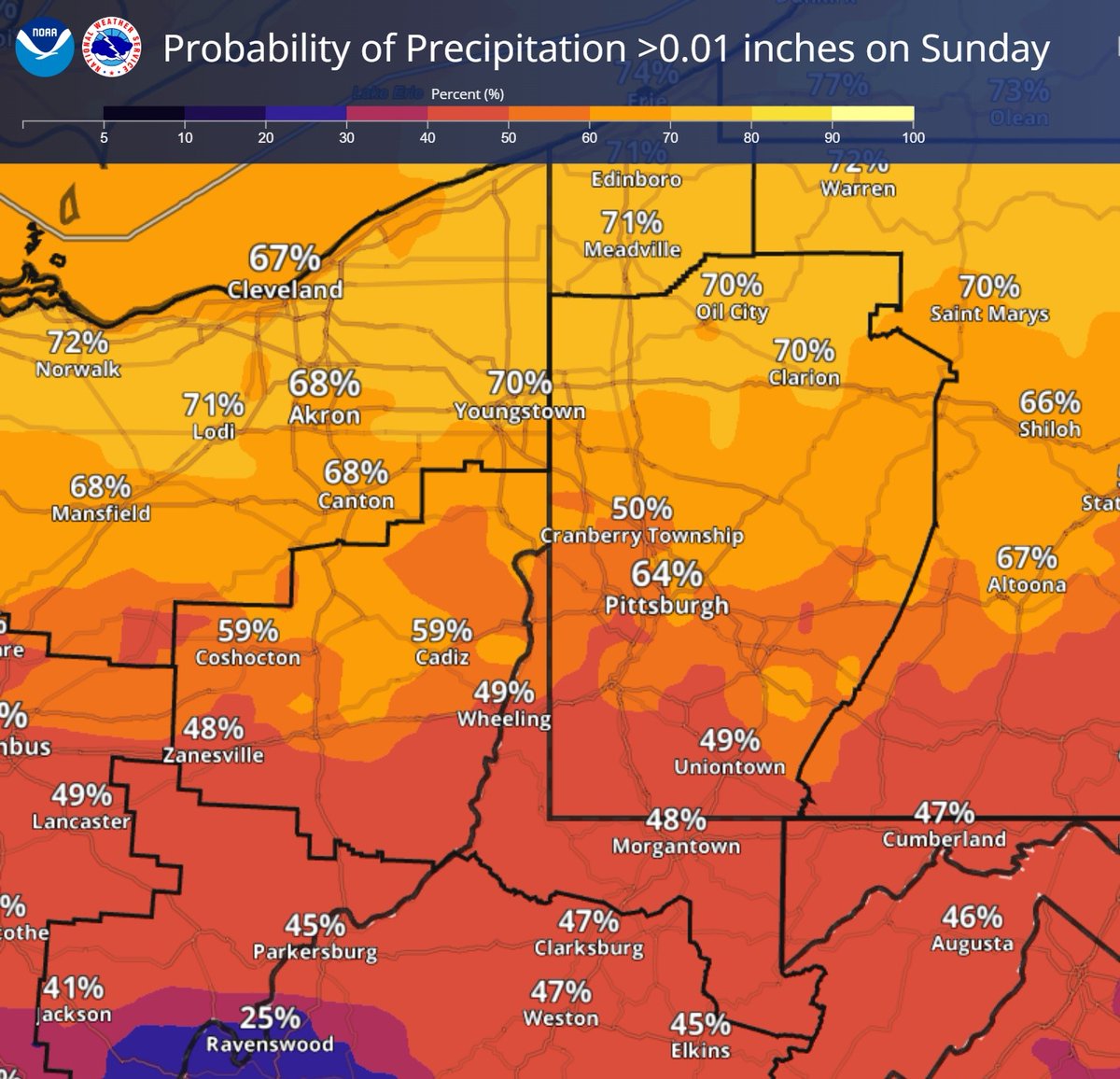 NWSPittsburgh's tweet photo. Dry conditions are forecast through tomorrow. On Sunday, we will see our next best chance for measurable precipitation. The northern counties have the highest probability for rain. https://t.co/kljzyw1emk