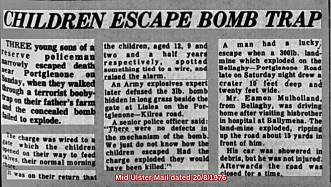 #OnThisDay in 1976, 3 children of a reserve policeman, narrowly escaped murder, walked through a booby trap hidden in long grass, out feeding calves on a Sunday, but spotted it on return #OTD @ Lislea, Portglenone &amp; night before Eamon Mulholland drove into a booby trap @ Bellaghy