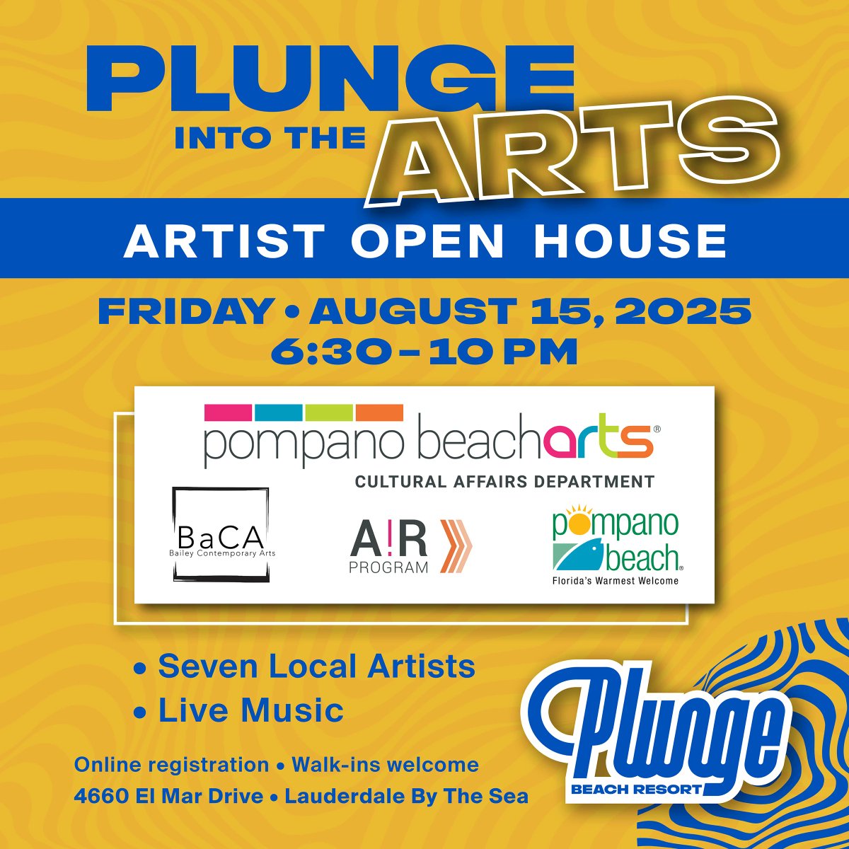 Tonight is the Night! 🎶

Join us for Plunge Into the Arts – Artist Open House at Plunge Beach Resort from 6:30–10 PM.

Enjoy an evening of creativity with seven local artists, live music, and the vibrant atmosphere of Lauderdale-By-The-Sea. #PlungeBeachResort #LauderdaleByTheSea
