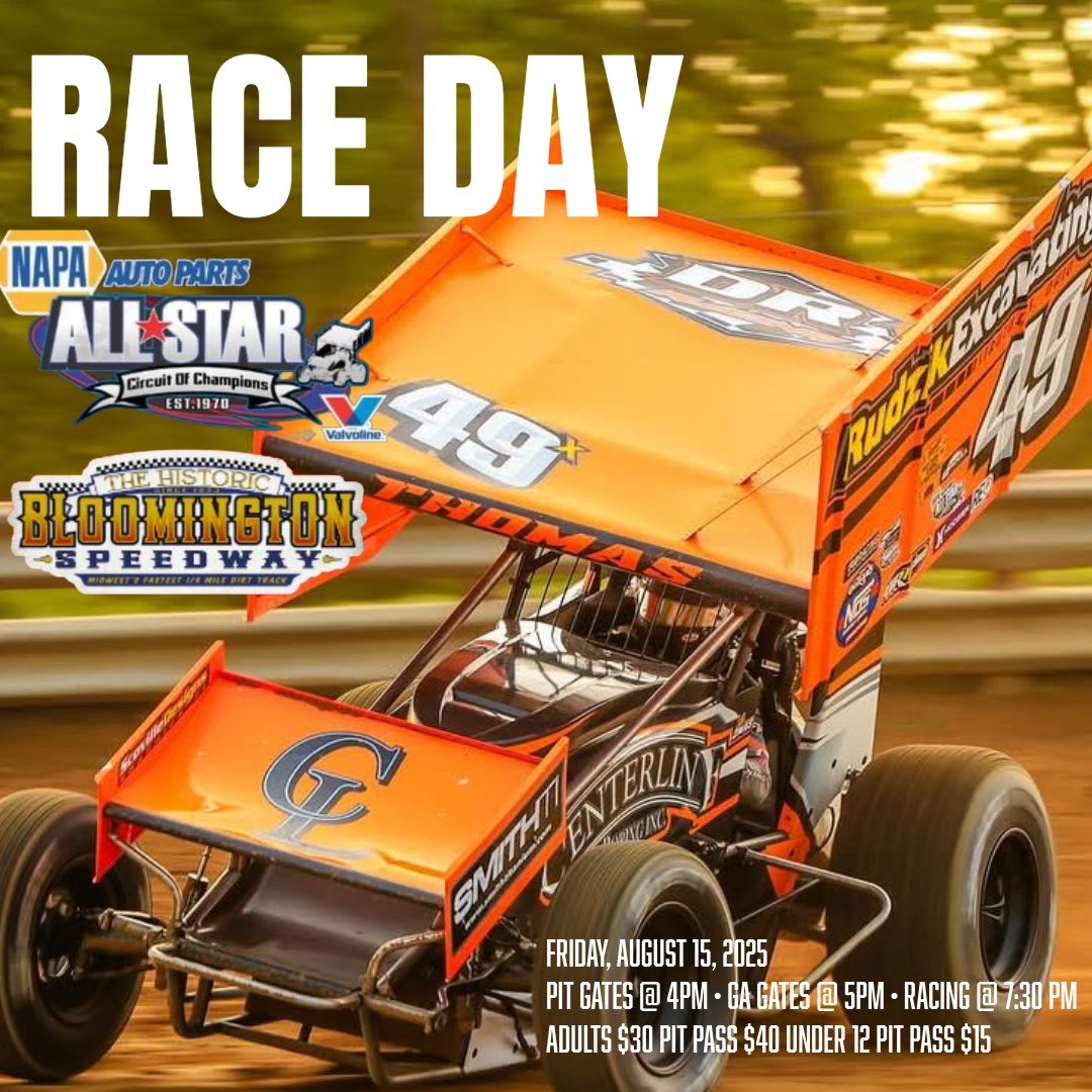 It’s race day! Catch us tonight at Bloomington Speedway for the Kelly Kinser Classic with the <a href="/AllStarSprints/">ASCoC</a>