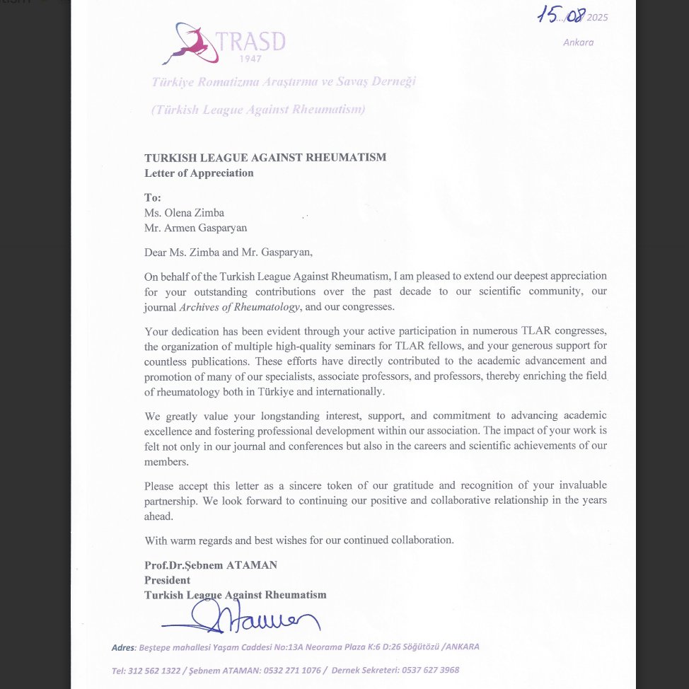Armen Yuri Gasparyan (@armenyuri) on Twitter photo Thanks to the TLAR President and all TLAR fellows for such a precious letter of appreciation! 
<a href="/hande_snc/">Halise Hande Gezer</a> <a href="/AcerSevtap/">Sevtap Acer Kasman</a> <a href="/ahmetusen/">ahmetusen</a> <a href="/ahmetak20160685/">ahmet.akyol</a> <a href="/GencTRASD/">Genç TRASD</a> <a href="/anarsiknotrofil/">Burak Okyar</a> <a href="/RheumatologAli/">Prof. Dr. Ali ŞAHİN</a> <a href="/Birzhan7101423/">Birzhan</a> <a href="/MaidanMukhamed1/">Mukhamediyarov Maidan</a> <a href="/Meirgul2025/">dr. Assylbek Meirgul</a> <a href="/Gulsandaluzun/">Gul Sandal Uzun</a> <a href="/KasapcopurOzgur/">ÖZGÜR KASAPÇOPUR</a> Thanks to the TLAR President and all TLAR fellows for such a precious letter of appreciation! 
<a href="/hande_snc/">Halise Hande Gezer</a> <a href="/AcerSevtap/">Sevtap Acer Kasman</a> <a href="/ahmetusen/">ahmetusen</a> <a href="/ahmetak20160685/">ahmet.akyol</a> <a href="/GencTRASD/">Genç TRASD</a> <a href="/anarsiknotrofil/">Burak Okyar</a> <a href="/RheumatologAli/">Prof. Dr. Ali ŞAHİN</a> <a href="/Birzhan7101423/">Birzhan</a> <a href="/MaidanMukhamed1/">Mukhamediyarov Maidan</a> <a href="/Meirgul2025/">dr. Assylbek Meirgul</a> <a href="/Gulsandaluzun/">Gul Sandal Uzun</a> <a href="/KasapcopurOzgur/">ÖZGÜR KASAPÇOPUR</a>