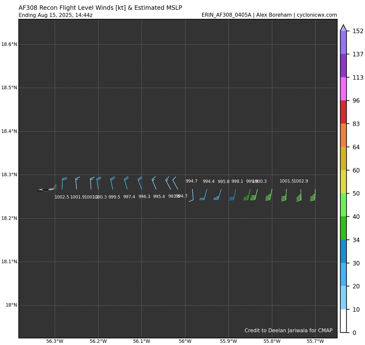Newest recon pass into #Hurricane #Erin's formative eye shows that the EXTR pressure has dropped to 993.6mb. That is about 2mb lower than the previous pass from this plane (AF308) about 1h 10min ago (995.7mb prev. pass). #Erin is deepening.