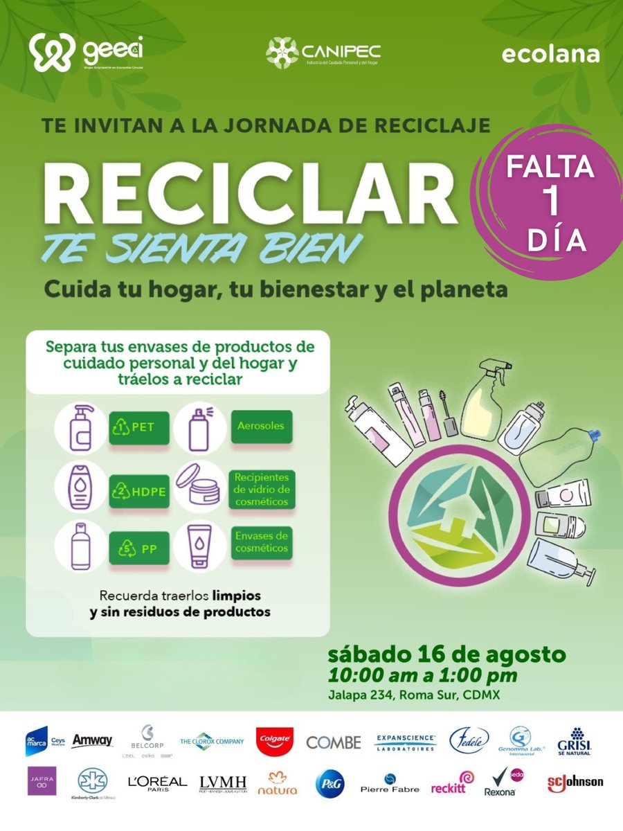 ¡MAÑANA ES EL DÍA!
 Prepárate para la Jornada de Acopio 𝙍𝙀𝘾𝙄𝘾𝙇𝘼𝙍 𝙏𝙀 𝙎𝙄𝙀𝙉𝙏𝘼 𝘽𝙄𝙀𝙉: 𝘾𝙪𝙞𝙙𝙖 𝙩𝙪 𝙝𝙤𝙜𝙖𝙧, 𝙩𝙪 𝙗𝙞𝙚𝙣𝙚𝙨𝙩𝙖𝙧 𝙮 𝙚𝙡 𝙥𝙡𝙖𝙣𝙚𝙩𝙖.

Trae tus envases vacíos, limpios y listos para reciclar ♻️