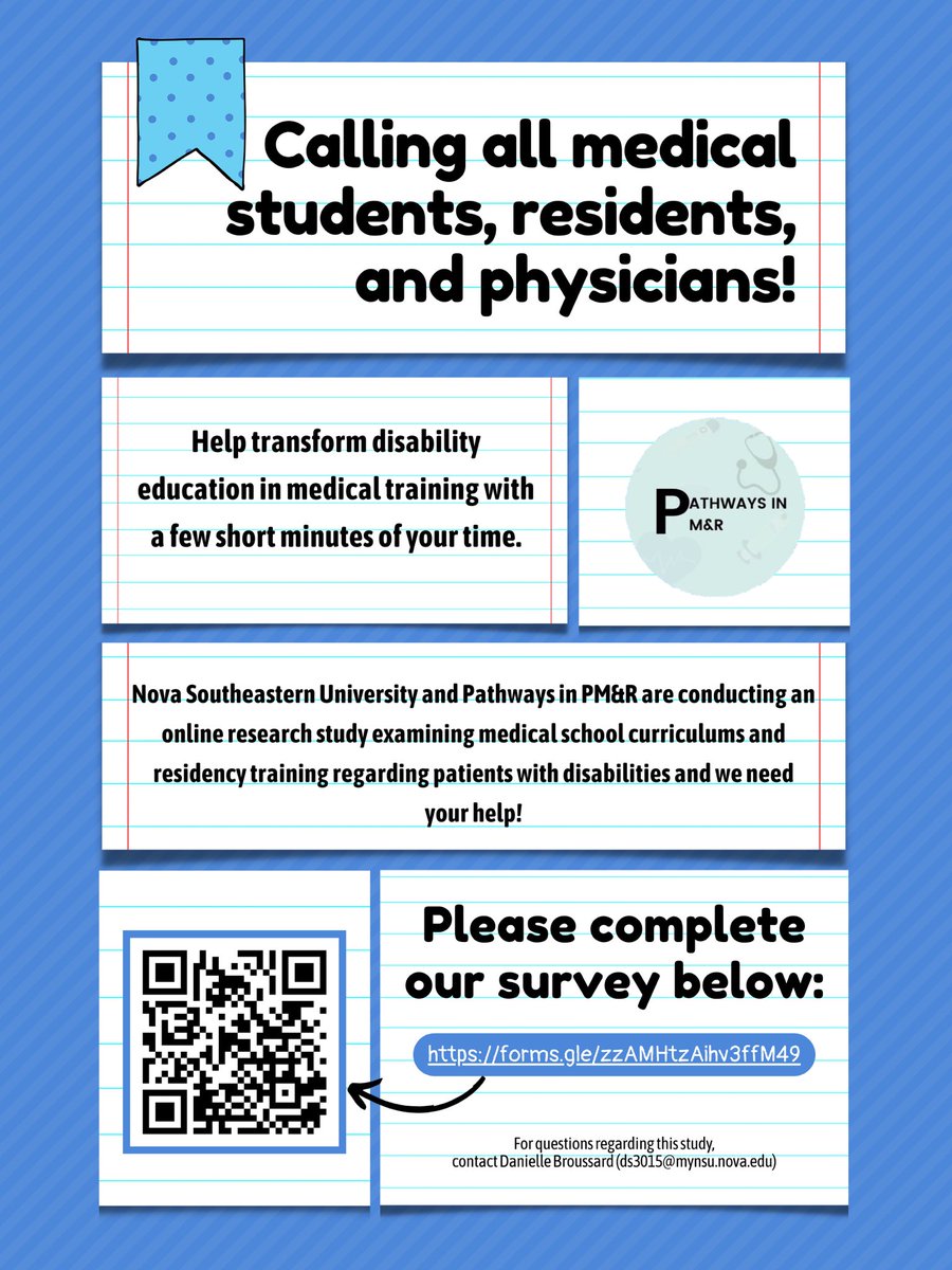 Danielle Broussard, OMS-III, RDN (@mrs_dbroussard) on Twitter photo Help us improve disability education in medical training by taking our short survey!
Please share! The more responses we get the bigger the impact!
#MedTwitter <a href="/Pathways_in_PMR/">Pathways in PM&R</a> Help us improve disability education in medical training by taking our short survey!
Please share! The more responses we get the bigger the impact!
#MedTwitter <a href="/Pathways_in_PMR/">Pathways in PM&R</a>