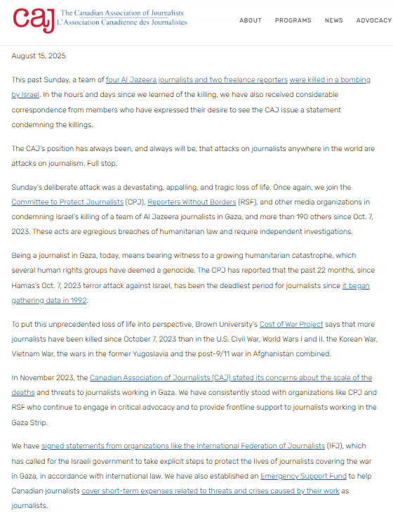Jason Toney (@jasontoney_) on Twitter photo Glad to see that <a href="/caj/">Canadian Association of Journalists</a> finally issued another statement condemning Israel's deliberate killing of journalists in Gaza.
They specify that it took "considerable correspondence from members." Glad to see that <a href="/caj/">Canadian Association of Journalists</a> finally issued another statement condemning Israel's deliberate killing of journalists in Gaza.
They specify that it took "considerable correspondence from members."