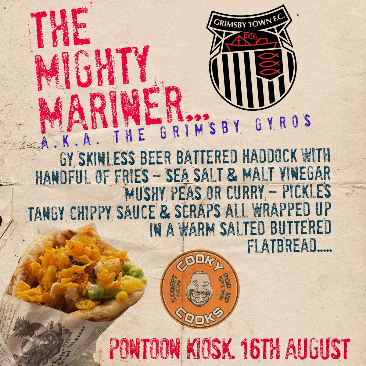 CooksCooky's tweet image. The Mighty Mariner a.k.a Yhe Grimsby Gyros Returns to @officialgtfc this Saturday only in the Pontoon Kiosk....

Nice....
