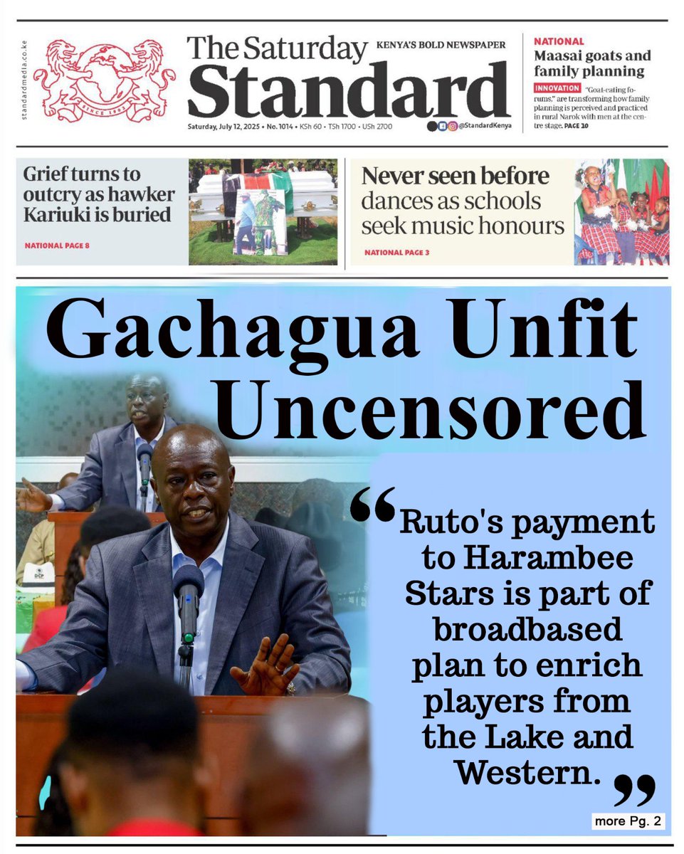 HEADLINE;
Gachagua must stop dragging Harambee Stars into his tribal narratives. They play for the whole country, not for political factions. #GachaguaSpeaks. Gachagua Unfit Uncensored.
