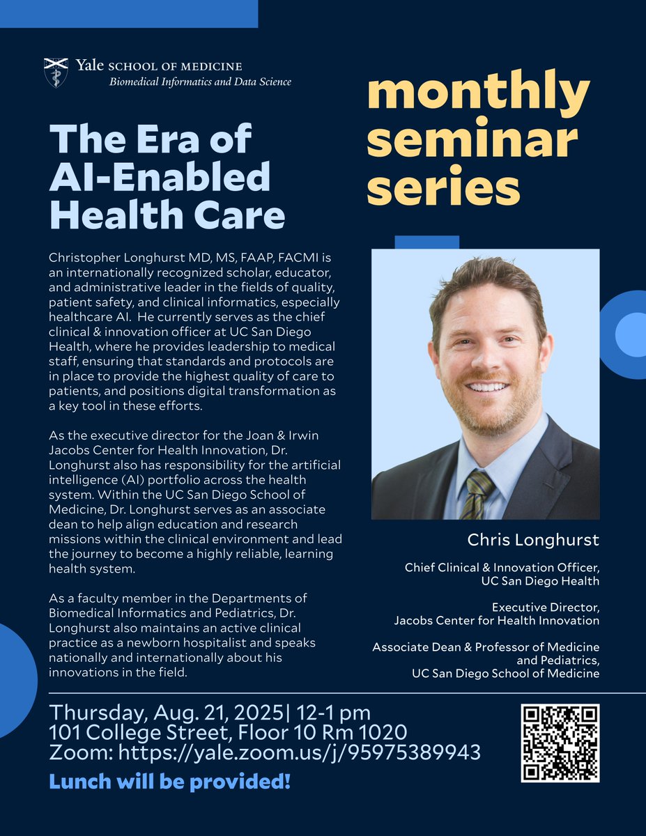 Yale Biomedical Informatics & Data Science (@yalebids) on Twitter photo Join us at BIDS Monthly Seminar with <a href="/CALonghurst/">Christopher A. Longhurst, MD</a>
as he presents, "The Era of AI-Enabled Health Care." Learn more:medicine.yale.edu/biomedical-inf…
<a href="/UCSDHealth/">UC San Diego Health</a> <a href="/YaleMed/">Yale School of Medicine</a> Join us at BIDS Monthly Seminar with <a href="/CALonghurst/">Christopher A. Longhurst, MD</a>
as he presents, "The Era of AI-Enabled Health Care." Learn more:medicine.yale.edu/biomedical-inf…
<a href="/UCSDHealth/">UC San Diego Health</a> <a href="/YaleMed/">Yale School of Medicine</a>