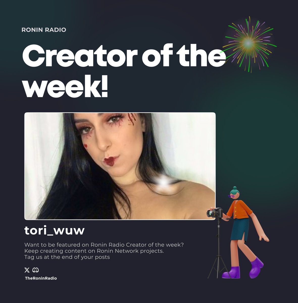 The Creator of the week goes to <a href="/tori_wuw/">Tori</a>! 🎉

She's been making a lot of valuable long form content which helps unlock or reveal information around different <a href="/Ronin_Network/">Ronin</a> projects

It's an important time to have more exposure and information on such projects with so many in