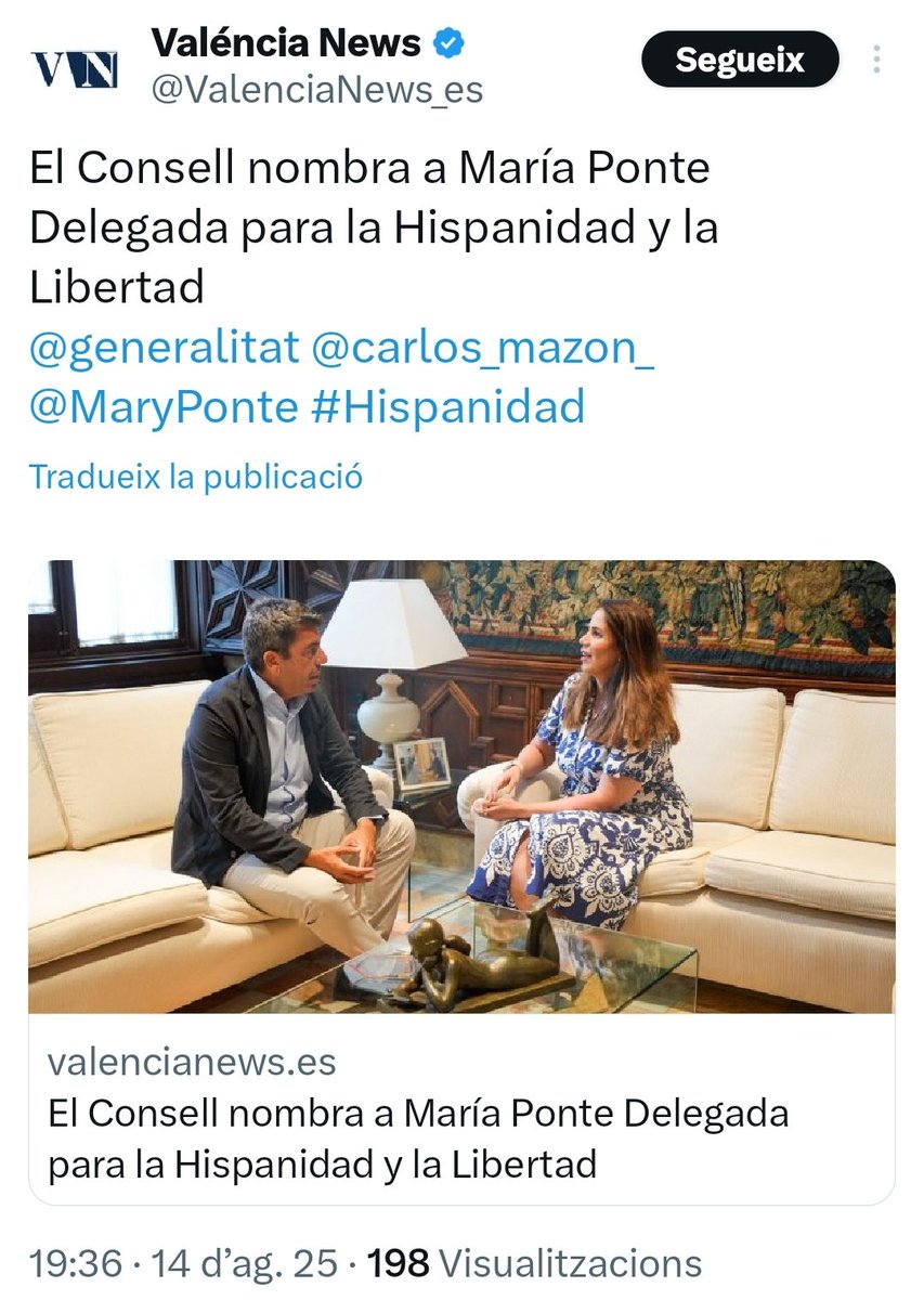 Si lo de Ayuso creando el chiringuito de la Oficina del Español para colocar a Cantó ya fue de nota, lo de Mazón enchufando a una venezolana como Delegada para la Hispanidad y las Mamandurrias, ya es de traca. No descarto que hayan pasado por el Ventorro.