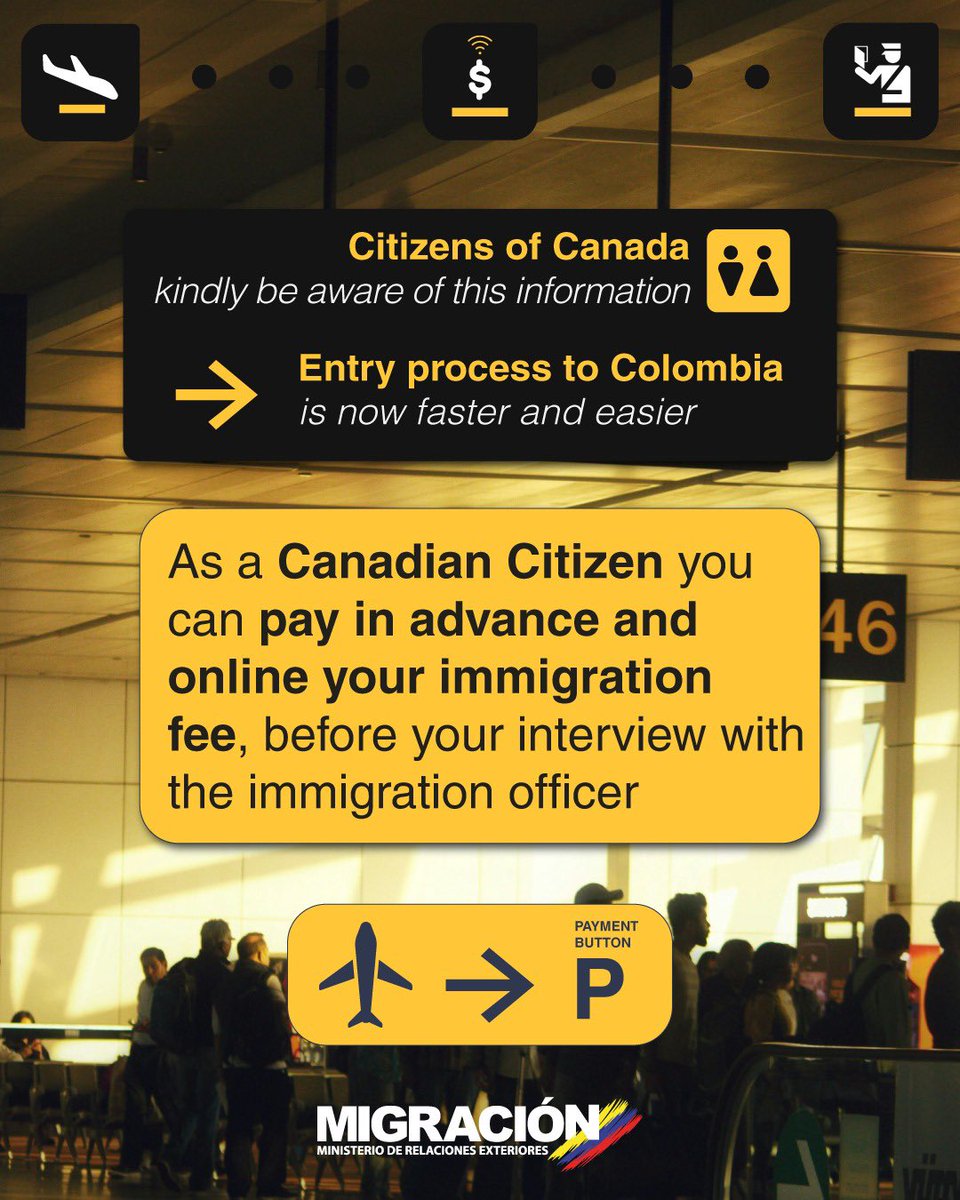 Migración Colombia (@migracioncol) on Twitter photo #ColombiaCountryOfBeauty
Canadian Citizens visiting Colombia can now pay online the immigration fee:
🟡 Directly & Personally
🔵 Online payment DO NOT replace #CheckMig registration
🔴 Make sure to login in the official website of <a href="/MigracionCol/">Migración Colombia</a> 👇
migracioncolombia.gov.co/cedula-de-extr… #ColombiaCountryOfBeauty
Canadian Citizens visiting Colombia can now pay online the immigration fee:
🟡 Directly & Personally
🔵 Online payment DO NOT replace #CheckMig registration
🔴 Make sure to login in the official website of <a href="/MigracionCol/">Migración Colombia</a> 👇
migracioncolombia.gov.co/cedula-de-extr…