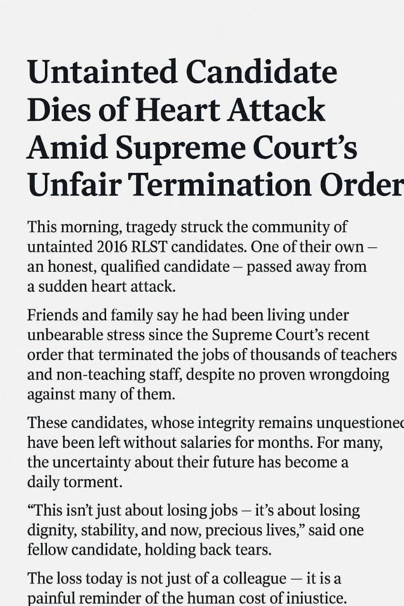#SaveUntaintedTeachersWbssc2016 
How many will Innocent lives die?
@indsupremecourt
<a href="/PMOIndia/">PMO India</a>
<a href="/rashtrapatibhvn/">President of India</a>
@Lawchakra
<a href="/EduMinOfIndia/">Ministry of Education</a>
@Indiatoday
<a href="/timesofindia/">The Times Of India</a>
<a href="/LiveLawIndia/">Live Law</a>
<a href="/barandbench/">Bar and Bench</a>
<a href="/India_NHRC/">NHRC India</a>
<a href="/barcouncilindia/">Bar Council of India</a>
<a href="/aajtak/">AajTak</a> <a href="/abpanandatv/">ABP Ananda</a> <a href="/News18India/">News18 India</a> <a href="/Tv9_Bangla/">TV9 Bangla</a> <a href="/dhruv_rathee/">Dhruv Rathee</a>