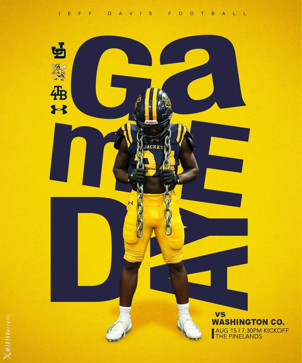 JeffDavisfbRecruits (@jdfbrecruits) on Twitter photo Game 1 🆚 Washington County
📍 Hazlehurst, Ga
🏟 The Pinelands
🍗 Tailgate: 5:30
🐝 Jacket Walk: 6:00
⏱ Game Time: 7:30
🎟️ gofan.co/event/3838348
💻 m.youtube.com/watch?v=TIQ00P…
Graphic by: <a href="/JLawsonGraphics/">Jess Lawson Graphics</a>
<a href="/912Sports/">912 Sports</a> <a href="/GPBsports/">GPB Sports</a> <a href="/AmyZimmerWJCL/">Amy Zimmer</a> Game 1 🆚 Washington County
📍 Hazlehurst, Ga
🏟 The Pinelands
🍗 Tailgate: 5:30
🐝 Jacket Walk: 6:00
⏱ Game Time: 7:30
🎟️ gofan.co/event/3838348
💻 m.youtube.com/watch?v=TIQ00P…
Graphic by: <a href="/JLawsonGraphics/">Jess Lawson Graphics</a>
<a href="/912Sports/">912 Sports</a> <a href="/GPBsports/">GPB Sports</a> <a href="/AmyZimmerWJCL/">Amy Zimmer</a>