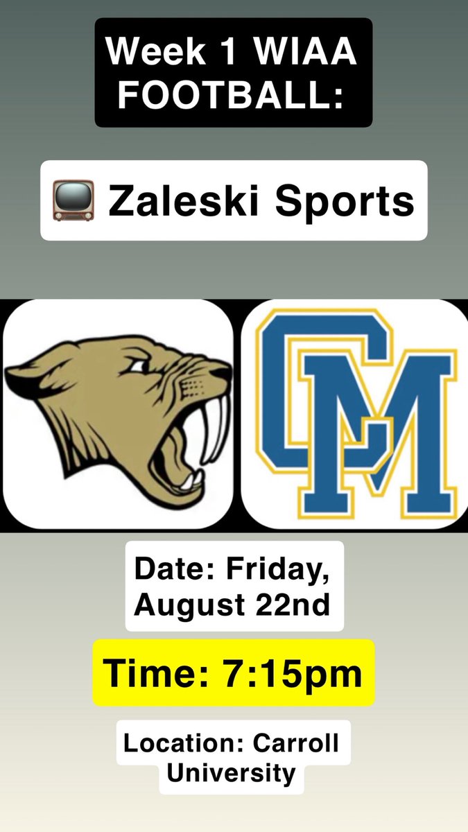 7️⃣ days from today, we have WIAA High School Football back in Wisconsin.

The Zaleski Sports Milwaukee crew will KICKOFF the season broadcasting <a href="/Saber_Football/">Franklin Football</a> vs <a href="/cmhfootball/">CMH Football</a> to begin the 2025 season from <a href="/carrollu/">Carroll University</a> in Waukesha at 7:15pm. #wisfb

📺 youtube.com/@zaleskisports…