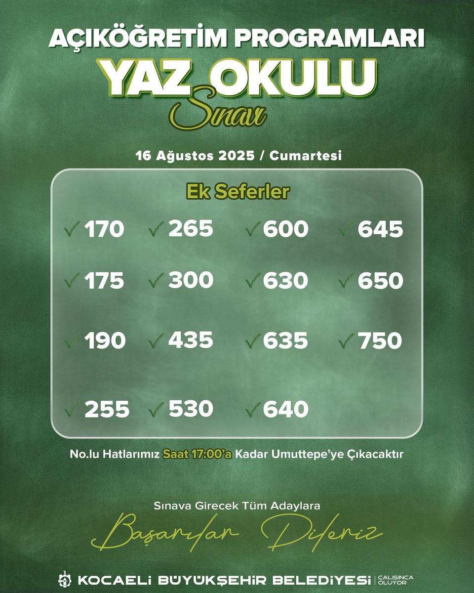 📢 Duyuru

16 Ağustos Cumartesi günü yapılacak Açıköğretim Programları Yaz Okulu Sınavı için ek seferlerimiz düzenlenmiştir. 🚍📝

Sınava girecek tüm adaylarımıza başarılar dileriz.