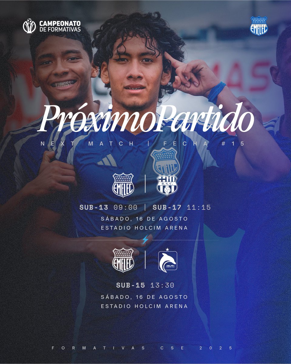 CSEformativas's tweet image. ¡Acompáñanos en el clásico! 💪

⌚️ #Sub13 09:00 - #Sub17 11:15 #Sub15  13:30
🏟 Holcim Arena

#VamosEmelec⚡
