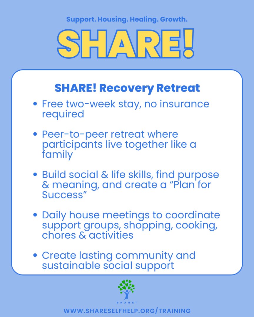 shareselfhelp's tweet photo. At SHARE!, we believe everyone deserves the opportunity to recover, heal & build a better future, regardless of their past or circumstances. https://t.co/2ieajm7WSZ
#SHARESelfHelp #MentalHealth #PeerSupport #CollaborativeHousing #RecoveryRetreat #Recovery #NND #nonprofitday https://t.co/6ZDARFpiRX