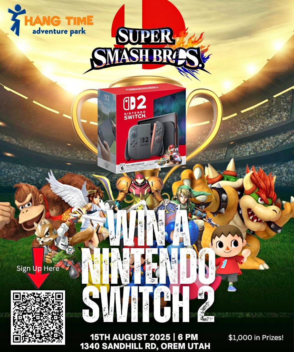Tonight at 6 there’s an open entry smash tournament with the winner receiving a switch 2! Registration closes around 4PM. Check out the QR code below!