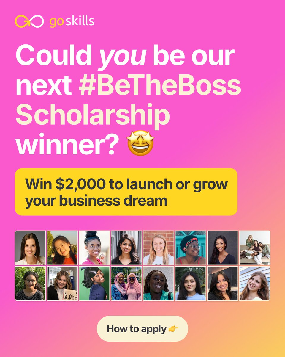 getgoskills's tweet image. One month to go! 🚀 Could you be our next #BeTheBoss Scholarship winner? 🤩

Win $2,000 to launch or grow your business dream.

The countdown is on! ⏳

🗓️ Apply for our #Scholarship before Sept 15: goskills.com/Scholarship?ut…

P.S. Tag a friend who should apply! 👇