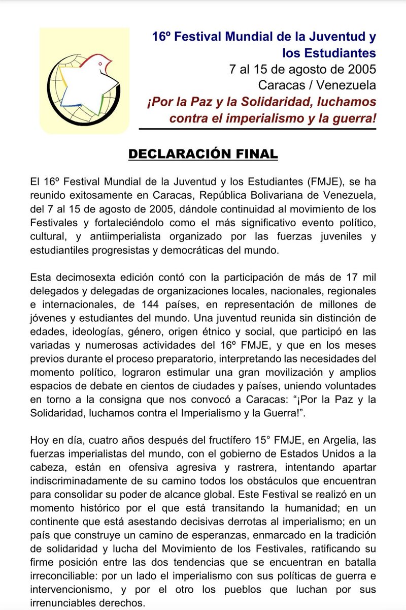 Hace 20 años se clausuraba en Caracas el 16 Festival Mundial de la Juventud y los Estudiantes, con la participación de miles de jóvenes del mundo que ratificaron su compromiso de lucha contra el Imperialismo y la guerra, desde la Patria de Bolívar y Chávez!!