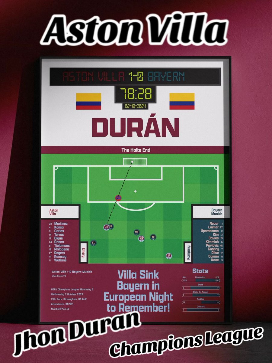 Number87Prints's tweet photo. Jhon Duran - Aston Villa - Champions League
Available now at https://t.co/A2dIijMfsV with many other posters
Which goal should be next?

#AVFC https://t.co/jF1CWhP6qE