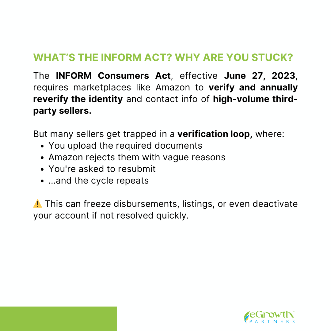 eGrowthPartners's tweet photo. Stuck in Amazon’s verification loop? 🔁
The INFORM Act is tripping up even legit sellers with mismatched docs &amp; unclear rules.

 📞 Need expert help? https://t.co/5S1tgqcZnB

#AmazonVerification #INFORMAct #SellerSupport #AmazonSuspension #FBAHelp #eGrowthPartners #AmazonSeller https://t.co/kAfDEhi3BV