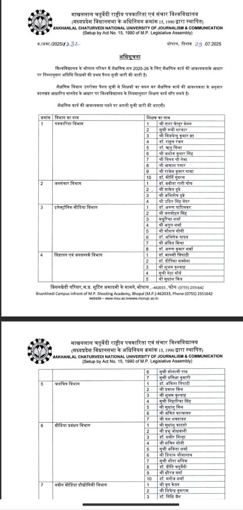 माखनलाल चतुर्वेदी राष्ट्रीय पत्रकारिता एवं संचार विश्वविद्यालय में अतिथि प्राध्यापकों की नियुक्ति में SC/ST/OBCआरक्षण नियमों की अवहेलना की।कुलपति ने उच्च शिक्षा विभाग के नियमों को ताक पर रखकर अपने कृपा पात्रों कीनियुक्ति की गयी@CMMOHANYADAV संज्ञान लें और इस भर्ती को निरस्त करें.