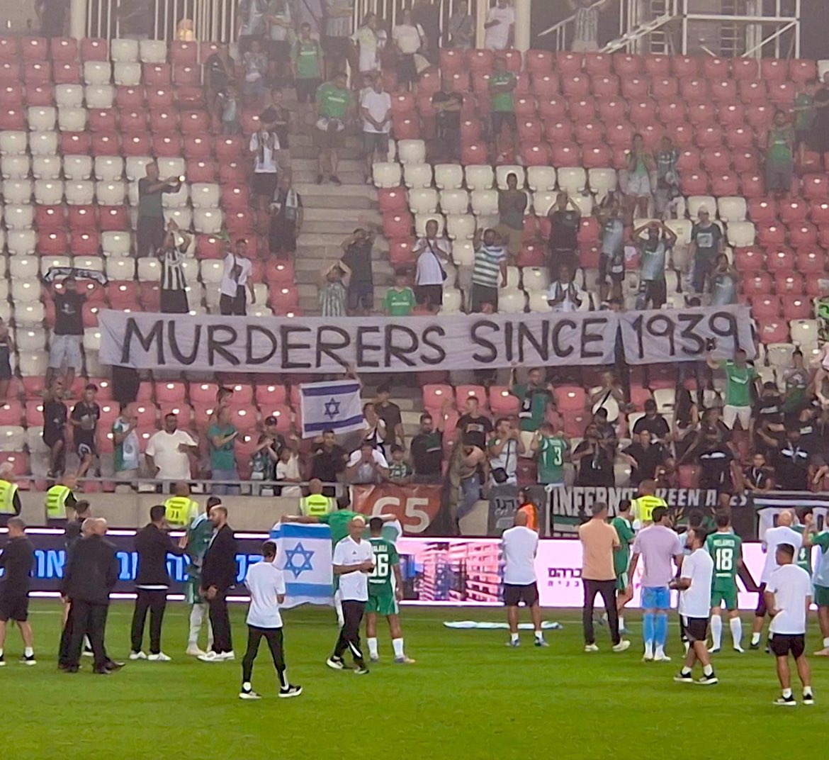 krolroger's tweet photo. Israeli fans during a match in Poland displayed a banner. Why from the year '39 and not 1948? After all, that's when Israel was created and the persecution of the local non-Jewish population began? https://t.co/LIaZYIF2Ew