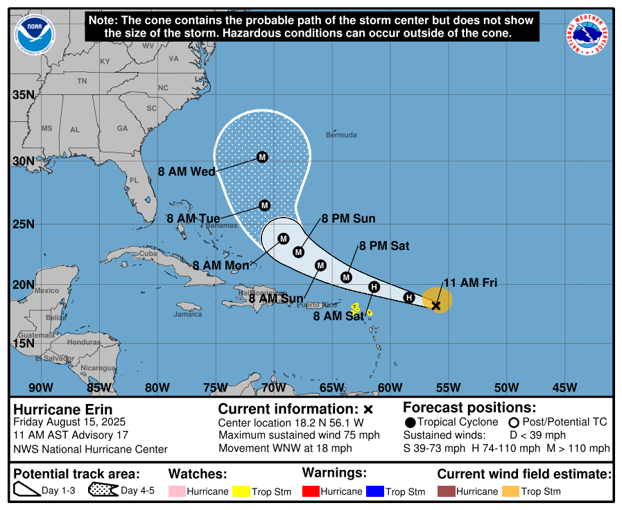 Justin McKee (@justinmckeewx) on Twitter photo #Erin has strengthened into a hurricane, the first of the 2025 season in the Atlantic. Here's the latest track from <a href="/NHC_Atlantic/">National Hurricane Center</a> #Erin has strengthened into a hurricane, the first of the 2025 season in the Atlantic. Here's the latest track from <a href="/NHC_Atlantic/">National Hurricane Center</a>