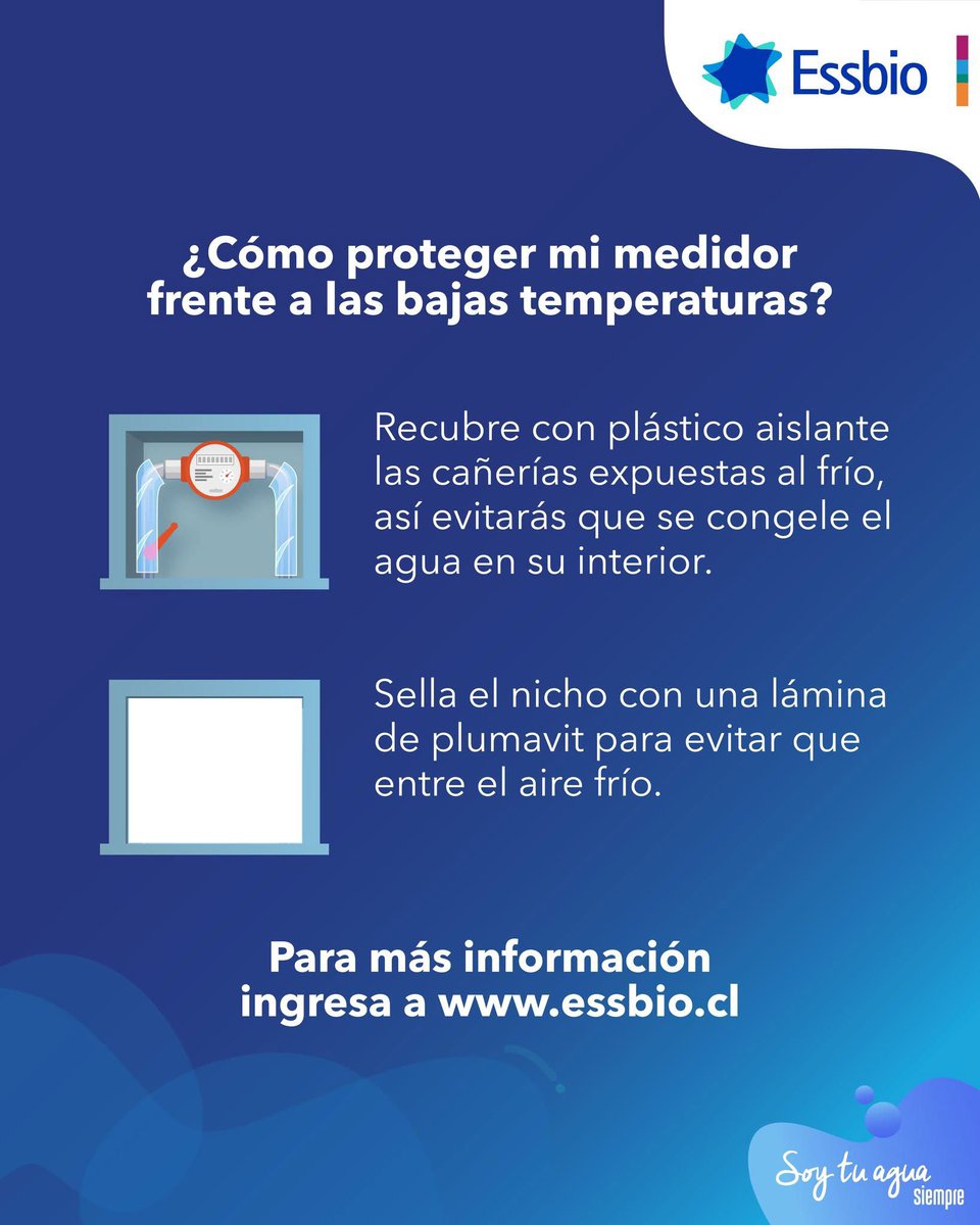 El agua nos une con el servicio. Por eso, te contamos cómo debes cuidar tu medidor frente a las bajas temperaturas. 

Desliza y sigue estos consejos.➡️🤗

#SoyTuAguaSiempre