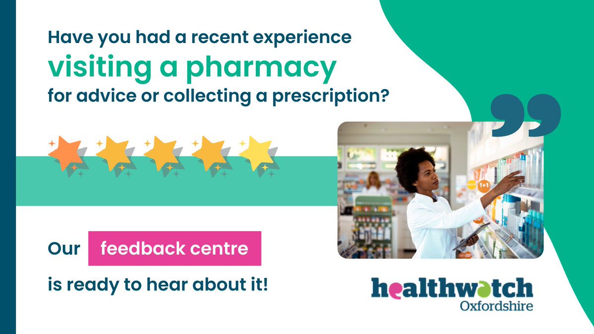 HealthwatchOxon (@healthwatchoxon) on Twitter photo Have you recently collected medication or visited a local pharmacy for advice? Healthwatch Oxfordshire want to hear your experiences.
Tell us what it was like, leaving a short anonymous review in our Feedback Centre - play your part in improving services: healthwatchoxfordshire.co.uk/services/?filt… Have you recently collected medication or visited a local pharmacy for advice? Healthwatch Oxfordshire want to hear your experiences.
Tell us what it was like, leaving a short anonymous review in our Feedback Centre - play your part in improving services: healthwatchoxfordshire.co.uk/services/?filt…