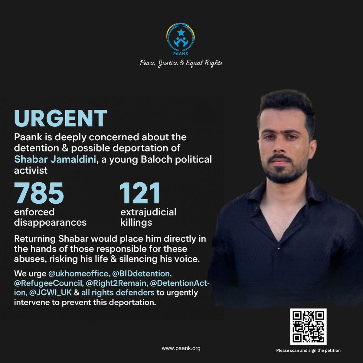 FaheemBalochBNM's tweet image. 🚨 URGENT 🚨
Young Baloch activist Shabar is detained in the UK &amp;amp; faces deportation to Pakistan — where he risks torture or death.

📊 In 2024, PAANK reports:
• 785 enforced disappearances
• 121 extrajudicial killings

Deporting him would hand him to his persecutors.
✍️ Sign &amp;amp;…