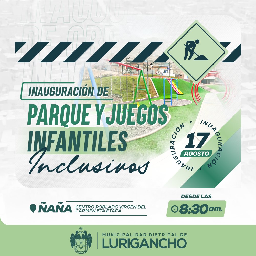 🥳 ¡𝐈𝐧𝐚𝐮𝐠𝐮𝐫𝐚𝐦𝐨𝐬 𝐩𝐚𝐫𝐪𝐮𝐞 𝐲 𝐣𝐮𝐞𝐠𝐨𝐬 𝐢𝐧𝐟𝐚𝐧𝐭𝐢𝐥𝐞𝐬!🌈

🛝 Inauguraremos la gran obra de parque y juegos infantiles inclusivos en Ñaña.

😁 ¡𝗖𝗼𝗻𝘁𝗮𝗿𝗲𝗺𝗼𝘀 𝗰𝗼𝗻 𝗲𝗹 𝗦𝗵𝗼𝘄 𝗱𝗲 𝗣𝗶𝗹𝗹í𝗻 𝘆 𝘂𝗻 𝗲𝘀𝗽𝗲𝗰𝘁á𝗰𝘂𝗹𝗼 𝗱𝗲 𝗺𝗮𝗴𝗶𝗮! 🫧