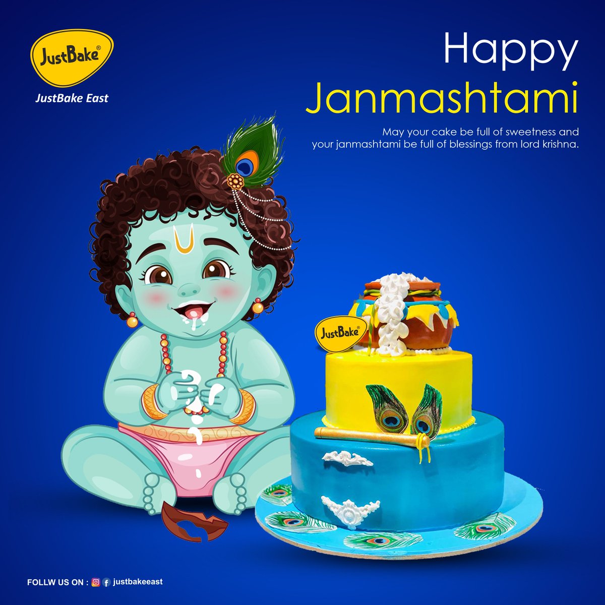 JustBakeEast's tweet photo. Celebrate Janmashtami with sweetness divine! 🍰✨

From our oven to your devotion – indulge in our special Krishna-inspired cakes. 💛🎉

#HappyJanmashtami #JustBake #SweetCelebrations https://t.co/nLSZ0c324p