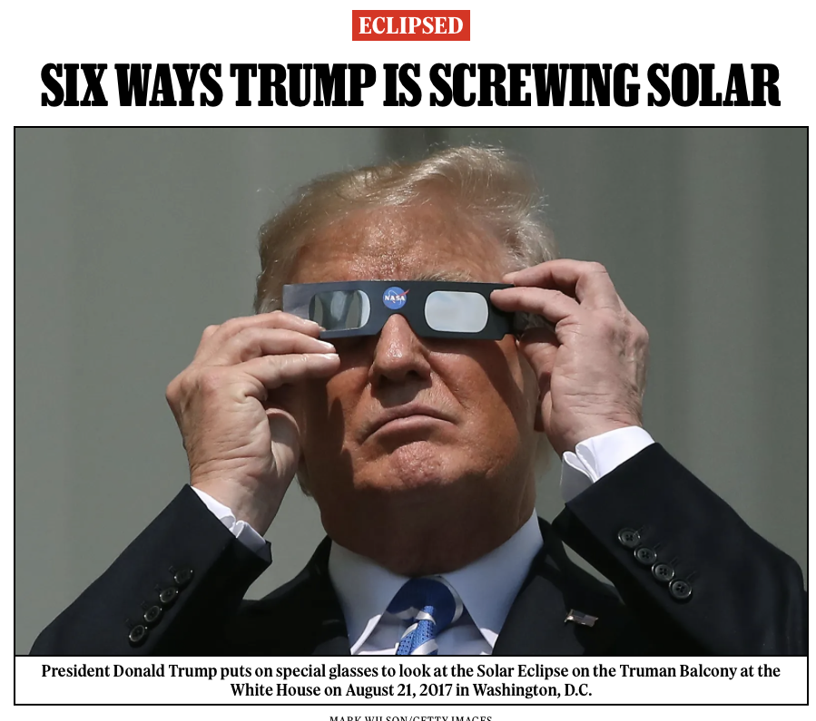 The world is burning. Trump wants to add more fossil fuels to the fire, while sidelining the brightest solution. 

Here's a survey of the steps Trump is taking to cast a shadow over solar energy development: rollingstone.com/politics/polit…