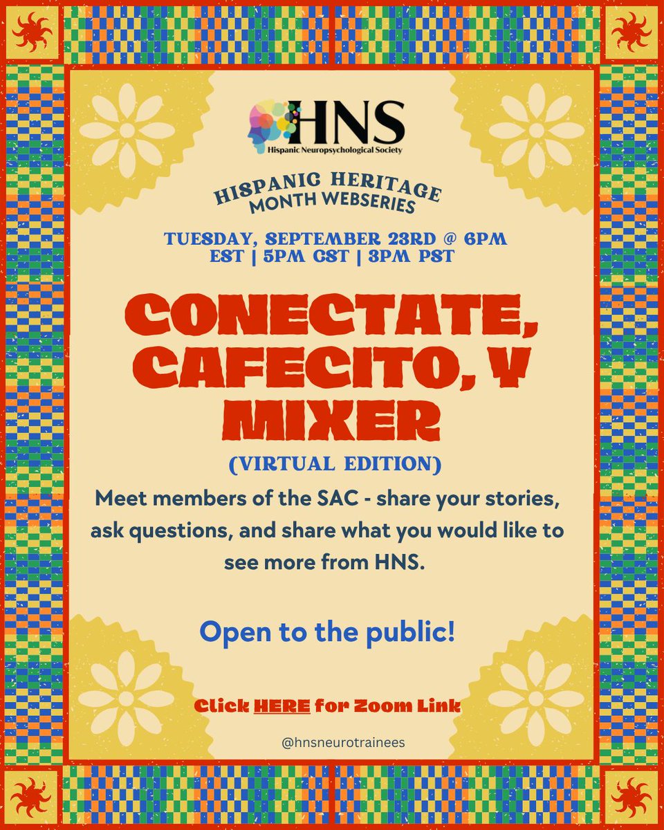 HNSneuropsych's tweet photo. Sessions include:

Sept 23: Virtual Mixer
Oct 1: Grad School Thriving Kit
Oct 8: Dr. Stephanie Torres on cultural bias in assessment
Oct 15: Cultural Cognition Trivia

Attend 2+ events for prize eligibility! https://t.co/rnGYldc0NO