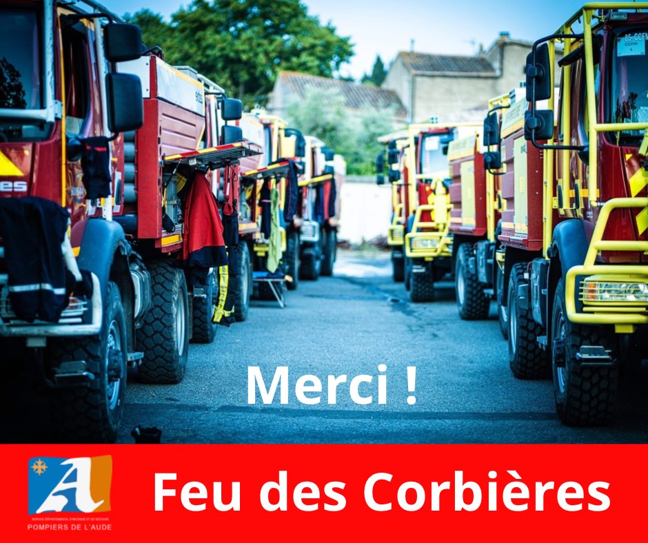 À feu de forêt exceptionnel, une mobilisation hors norme. 
La grande famille des pompiers a su répondre présente auprès des sapeurs-pompiers de l’Aude engagés sur ce feu de forêt des Corbières. À cette solidarité nationale sans faille, un seul mot compte aujourd’hui : MERCI.